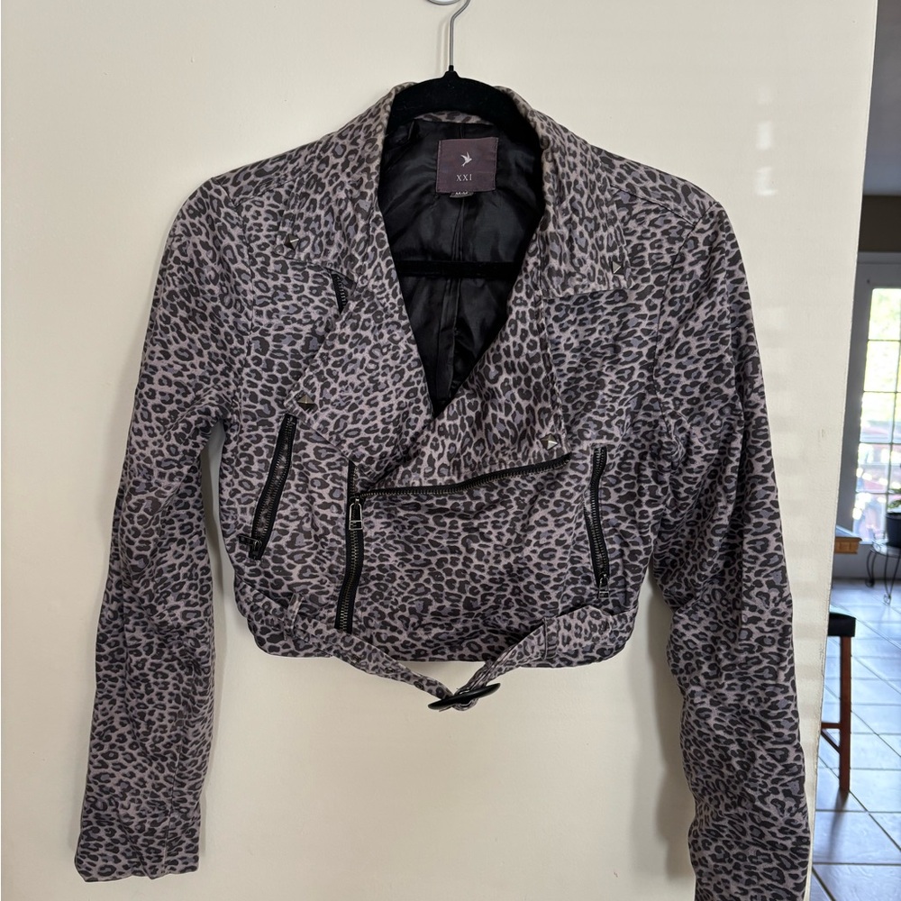 Forever 21 Leopard Print Cropped Moto Jacket